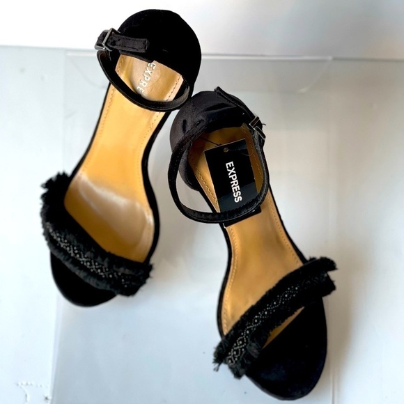 EXPRESS Womens Black Suede Platform Sandals Heels Formal Dress Rhinestone, Sz 9 - Picture 4 of 10